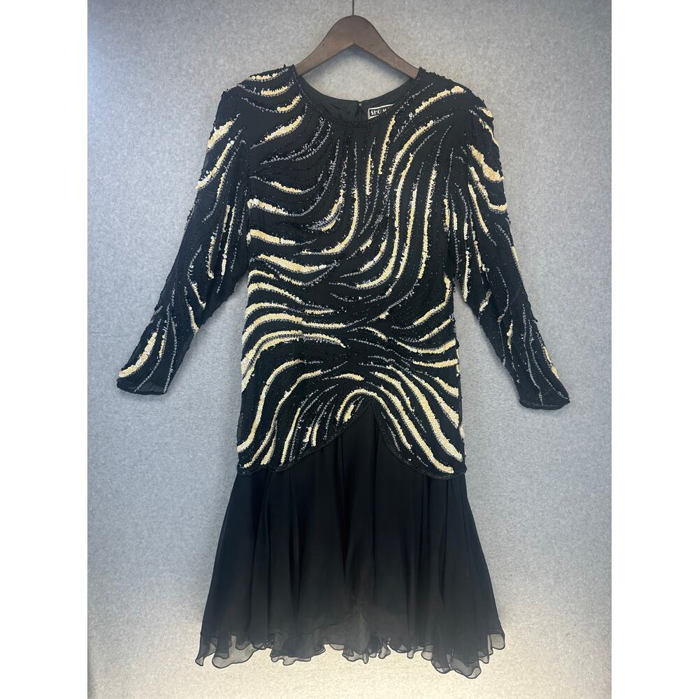 Sho Max Originals Dress Womens Size XL Black 100% Silk Sequins Beaded A-Line